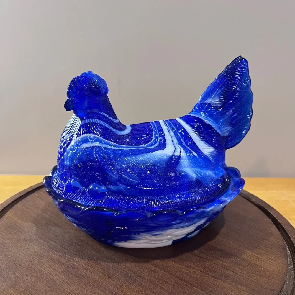 Vtg LG Wright Blue Slag Glass Hen on Nest Farmhouse Marbled READ 5.5in